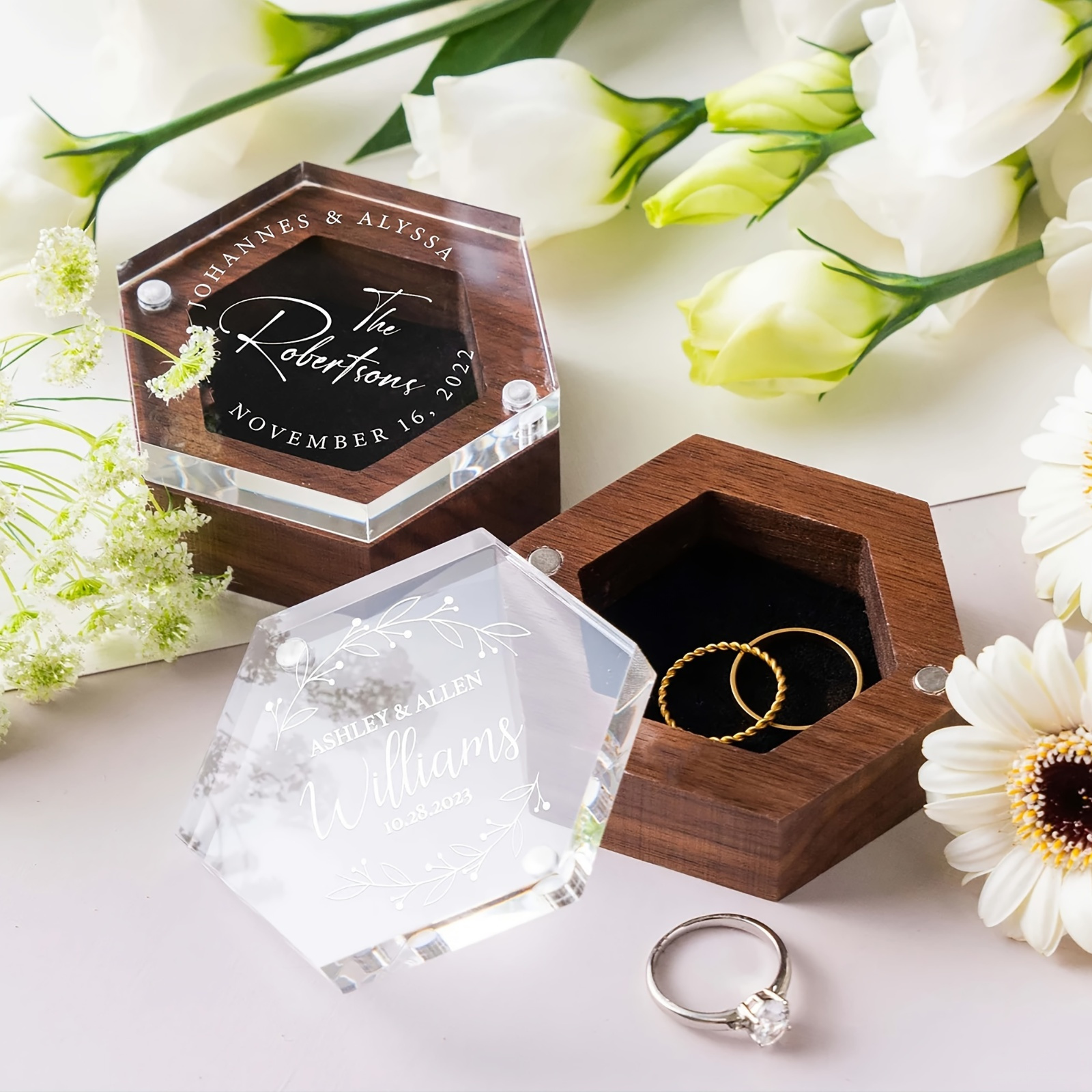 

Personalized Hexagonal Box Clear Lid And Wood - Engraved Engagement , Lacquered Jewelry , - Multipurpose Decorative Box (1pc), Jewelry Boxes