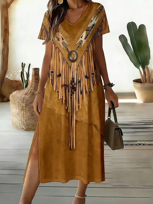 brown cowgirl dresses Womens Summer Fringe Dress Vintage V Neck Sleeveless Cowgirl Mini Tassel Dress,Dark brown,Small