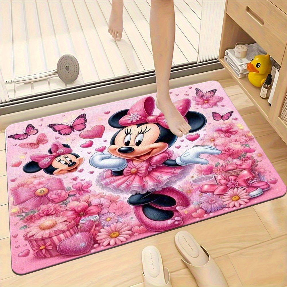 1pc Mickey & Minnie Mouse Anime Area Mat - Antislip, Machinewasbaar Polyester Tapijt met Levendige Roze Bloemen Ontwerp, Perfect voor Slaapkamer & Woonkamer Decor, Slaapkamer Decor | Speelse Kamer Decor | Duurzaam Vloerkleed, Mickey Mouse Kamer Decor