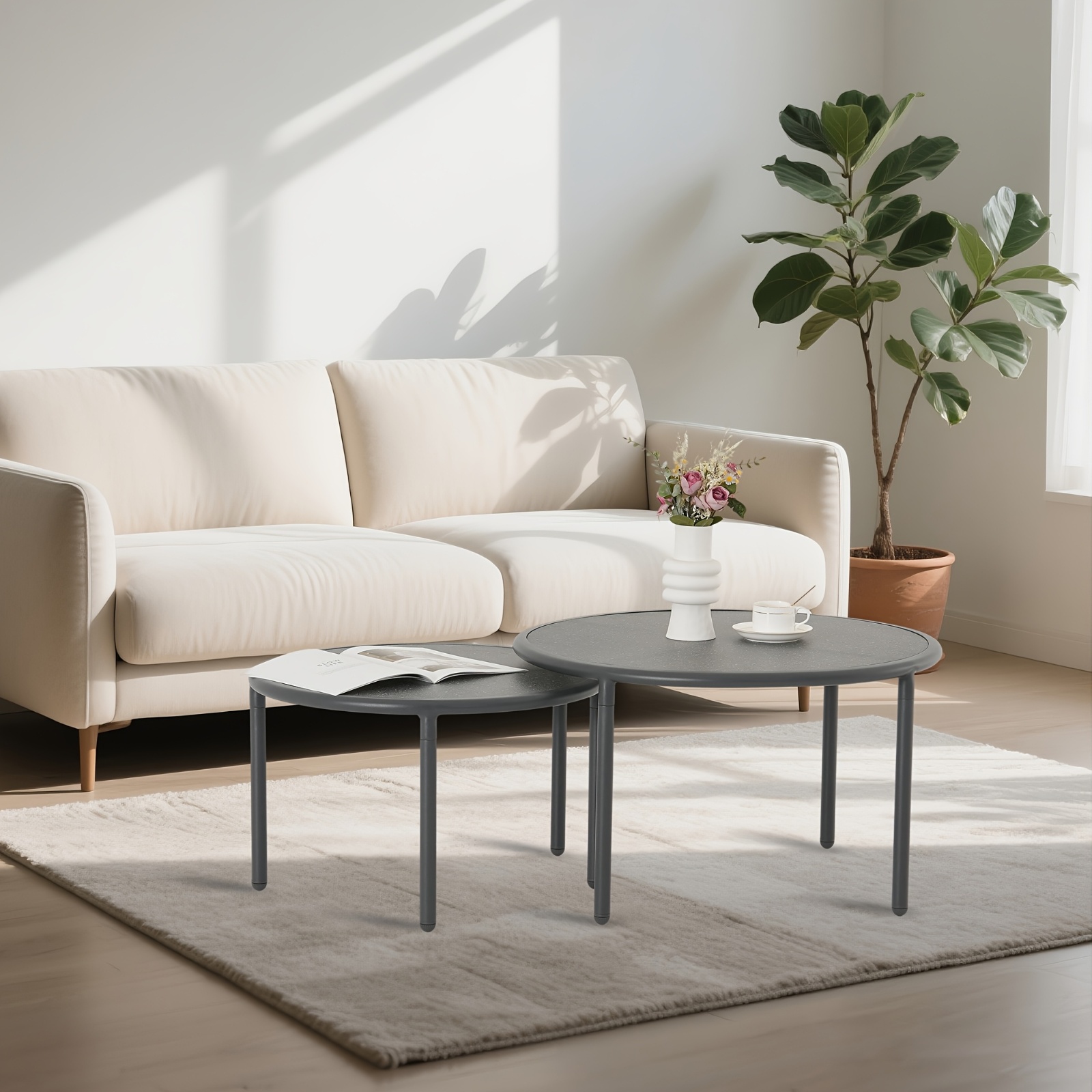 2pcs Black Aluminum Round Outdoor Coffee Table Set | Nesting Side Table with Round Tabletop, Powder Coated Aluminum Frame, Suitable for Garden Balcony