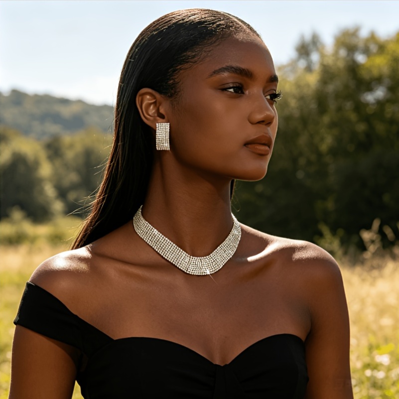 2pcs Set Geometric Rhinestone Choker Necklace & Square Earrings