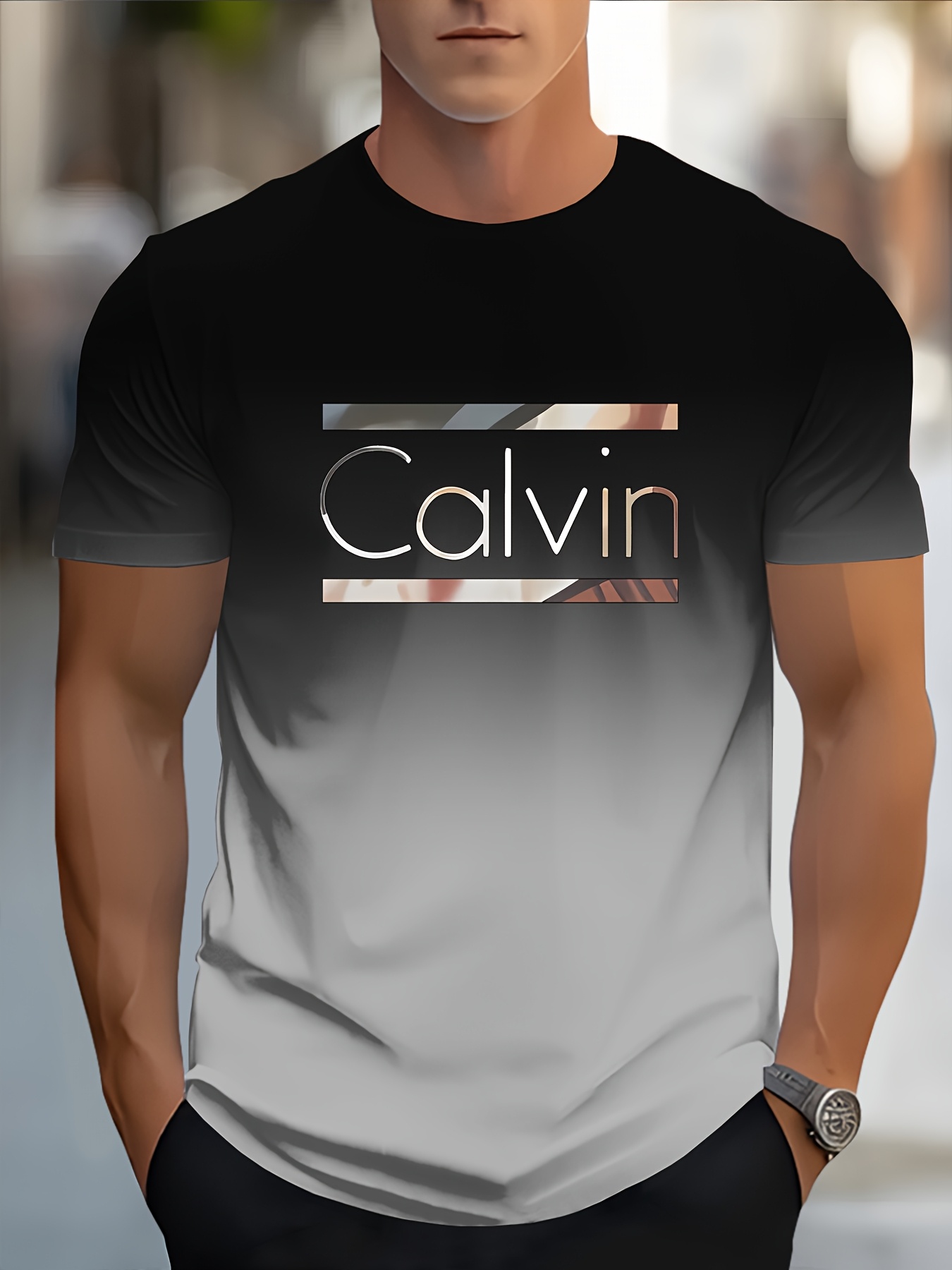 Men'S Casual Short Sleeve T-Shirt with Bold CALVIN Monogram Print - Blue & White Gradient Design, Regular Fit Round Neck, Machine Washable for Casual Attire, Summer Apparel, Modern Fashion, Comfortable Fabric, Graphic Tee, Streetwear Style
