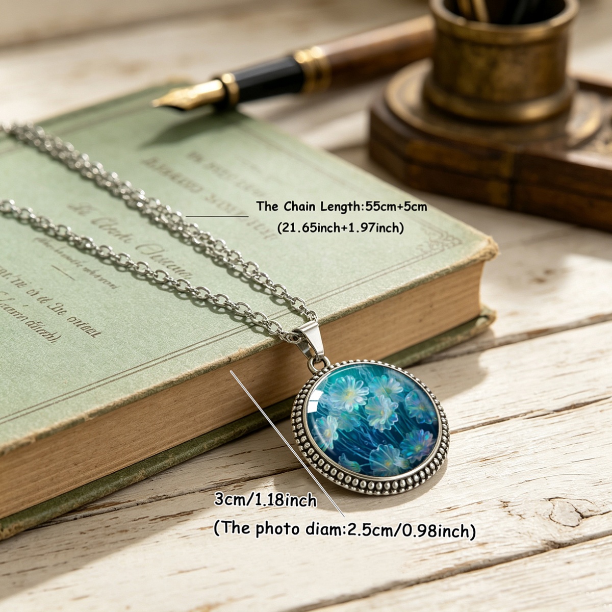 Blue Background Soft Light Floral Print Round Pendant Necklace