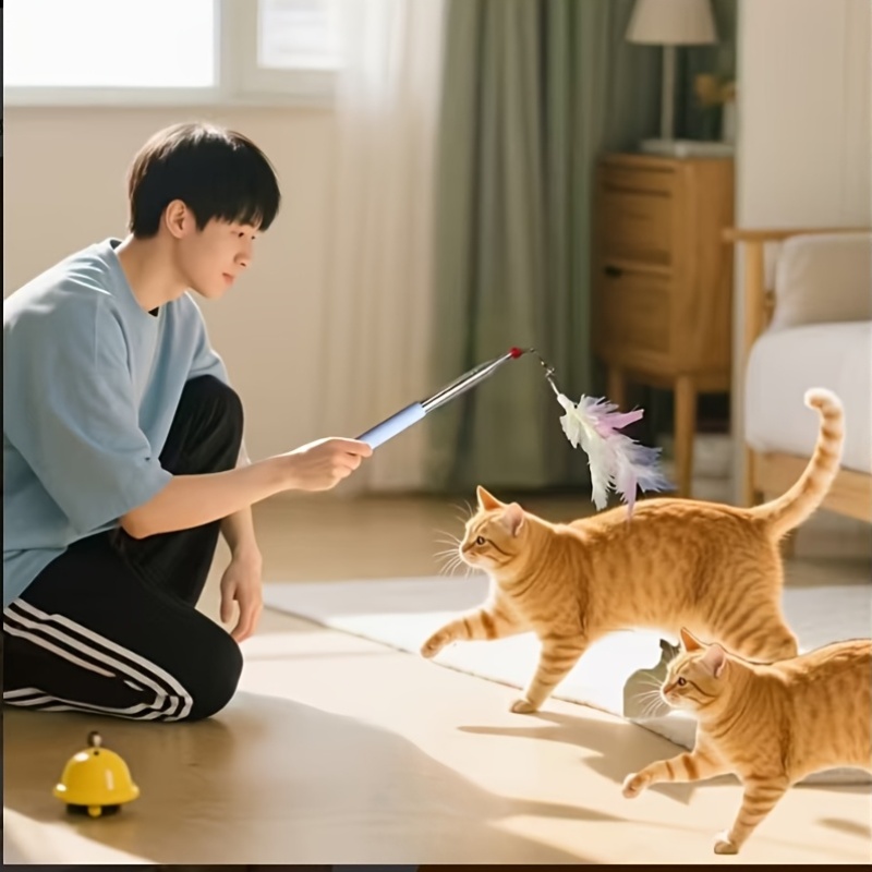 Retractable Bell Feather (Artificial Material) Cat Teaser Wand, Quickly Attracts Cat'S Attention, 4 Colors Available, Without Battery