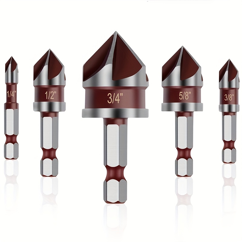 Image of 5pcs Steel Countersink Drill Bit Set With 1/4", 3/8", 1/2", 5/8", And 3/4" Hex Shank, Ideal For Metal, Plastic, Wood, Pvc, Cement Drilling - Durable Tools For Factory, Garage, Home& Renovation Use