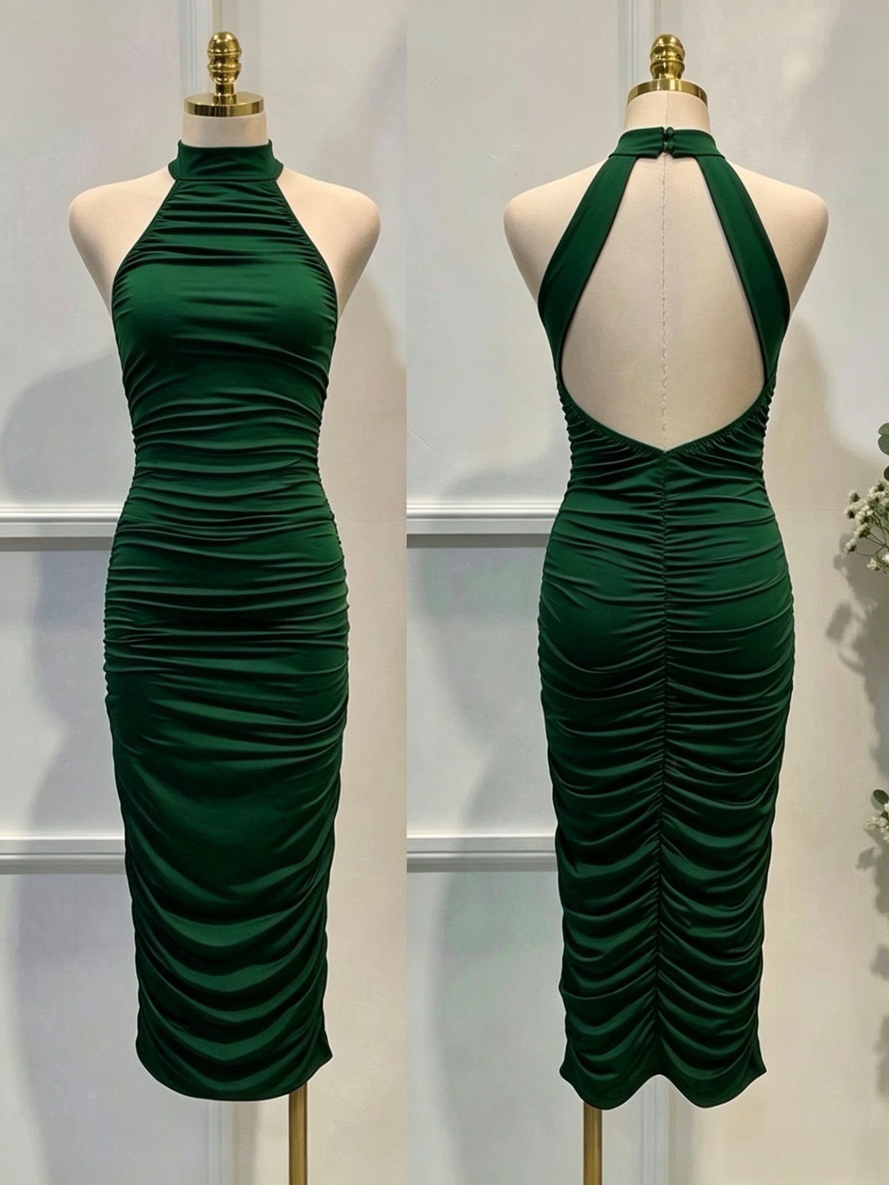 Womens Halter Backless Ruched Bodycon Pencil Dress