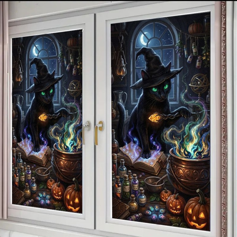 item picture 1pc 2d flat glass window film window sticker   sizes   halloween theme   potion in   hat with pumpkin and   window   removable window film   suitable for bathroom kitchen
