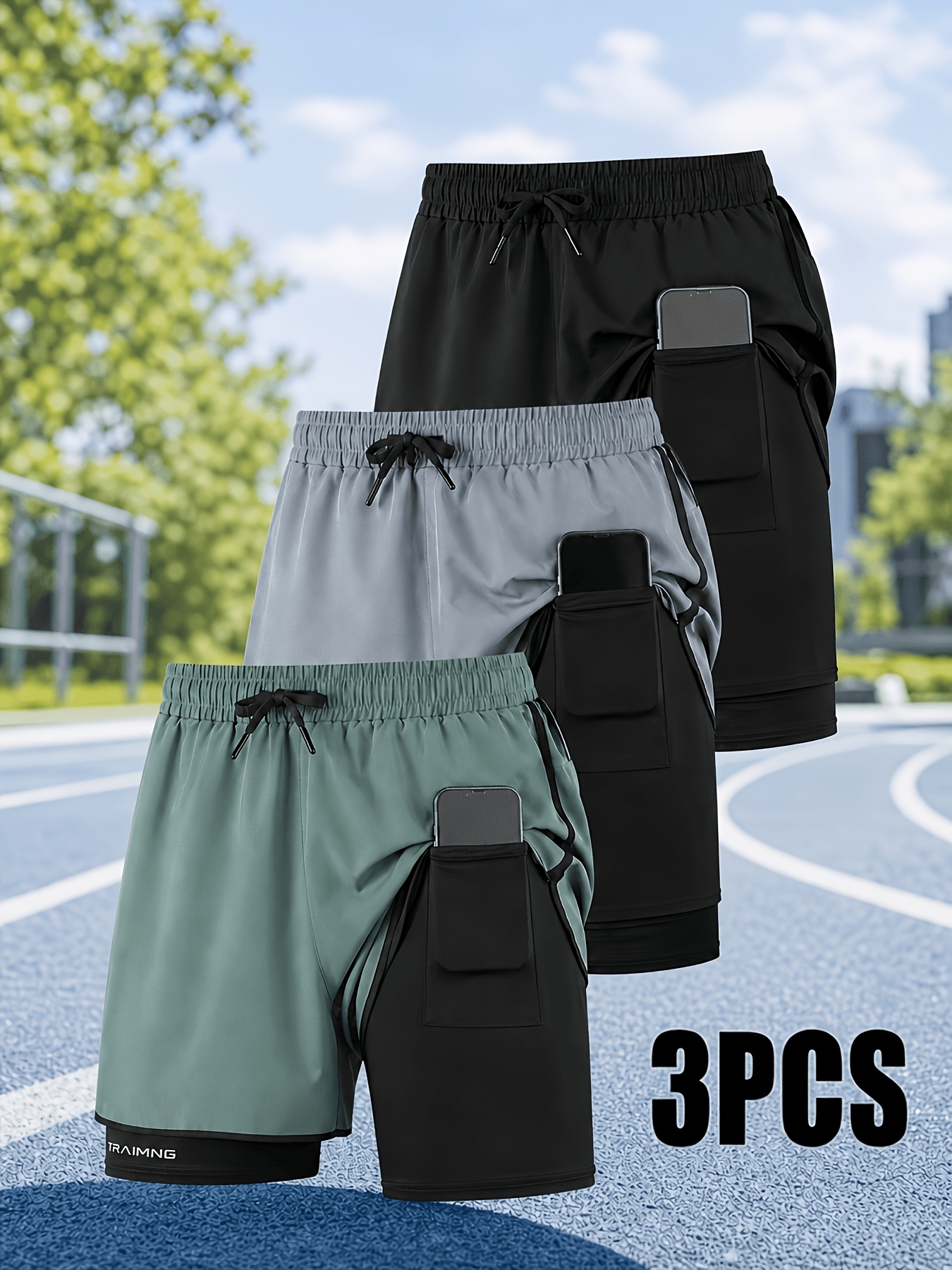 Conjunto de 3 Calções de Corrida 2-em-1 com Bolso para Telemóvel
