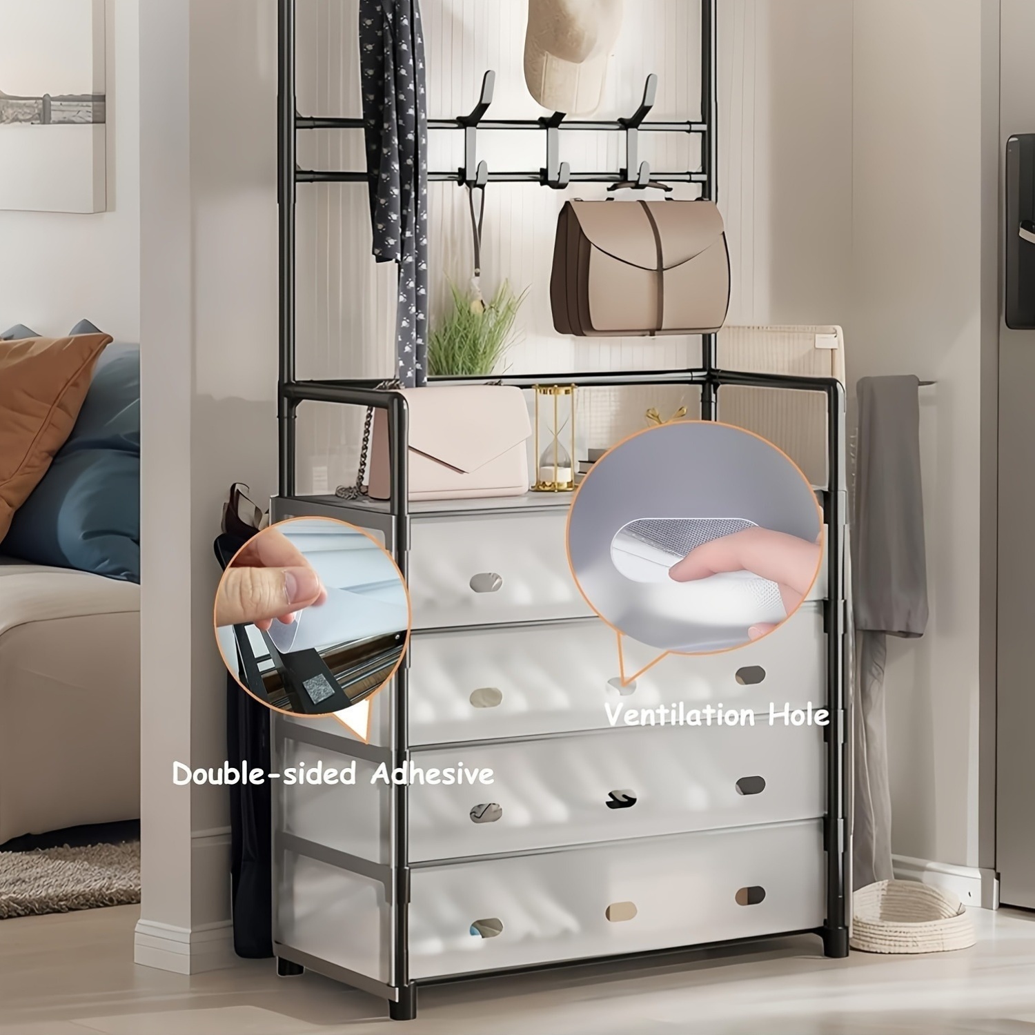 1pc 5-tier metal shoe & hat rack - space-saving entryway organizer with coat hooks, easy assembly, dustproof, no electricity needed, multi-functional storage for home & garage, ideal for bedroom & living room, shoe storage organizer, standing shelf, standing shelf Product details 4