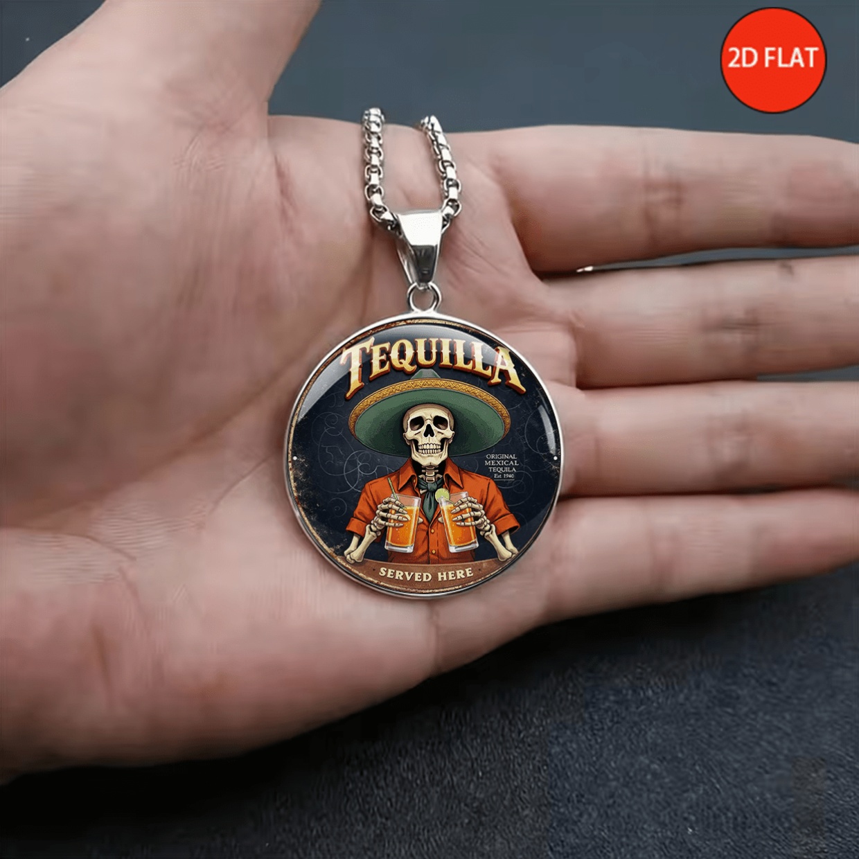 2D FLAT Vintage Mexican Agave Skull Pattern Stainless Steel Necklace