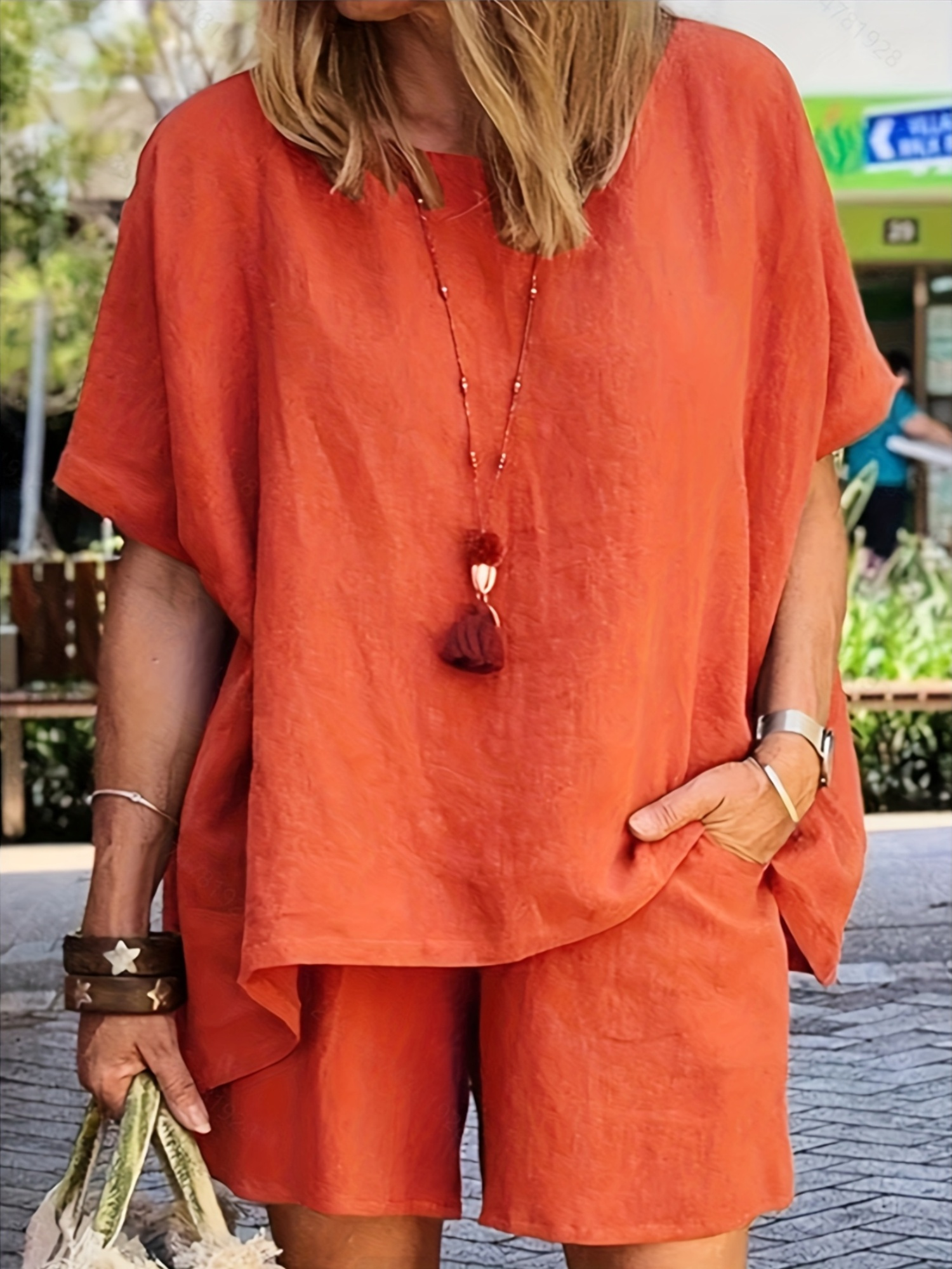 ladies summer new solid color shorts suits fashionable and elegant solid color casual womens   short pants two piece suit fire brick red 0