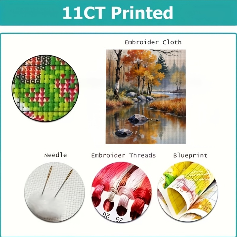 Printed Cross Stitch Kit, Autumn Forest Stream and Stones