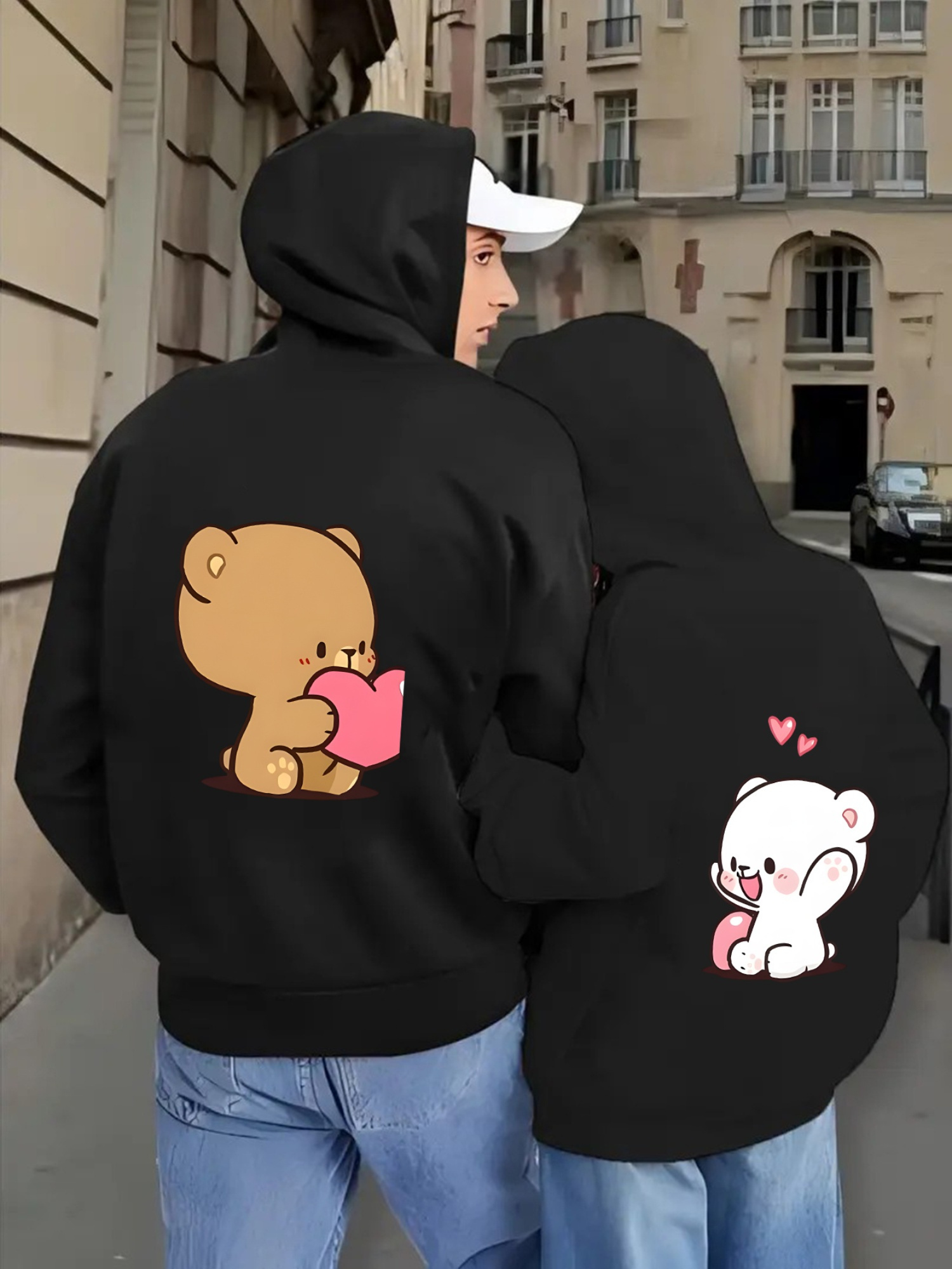 Sudaderas de pareja que se Lindo estampado de oso, 100% poliéster, con  bolsillo para uso casual, negro y rosa
