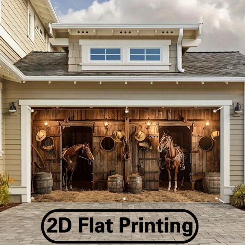 TEMU 2d Flat, 2d Door Banner, 2d Flat Banner, 1pc Western Country Illustration Garage Door Flag - Vibrant Design With Horses, Cowboy Hats, And