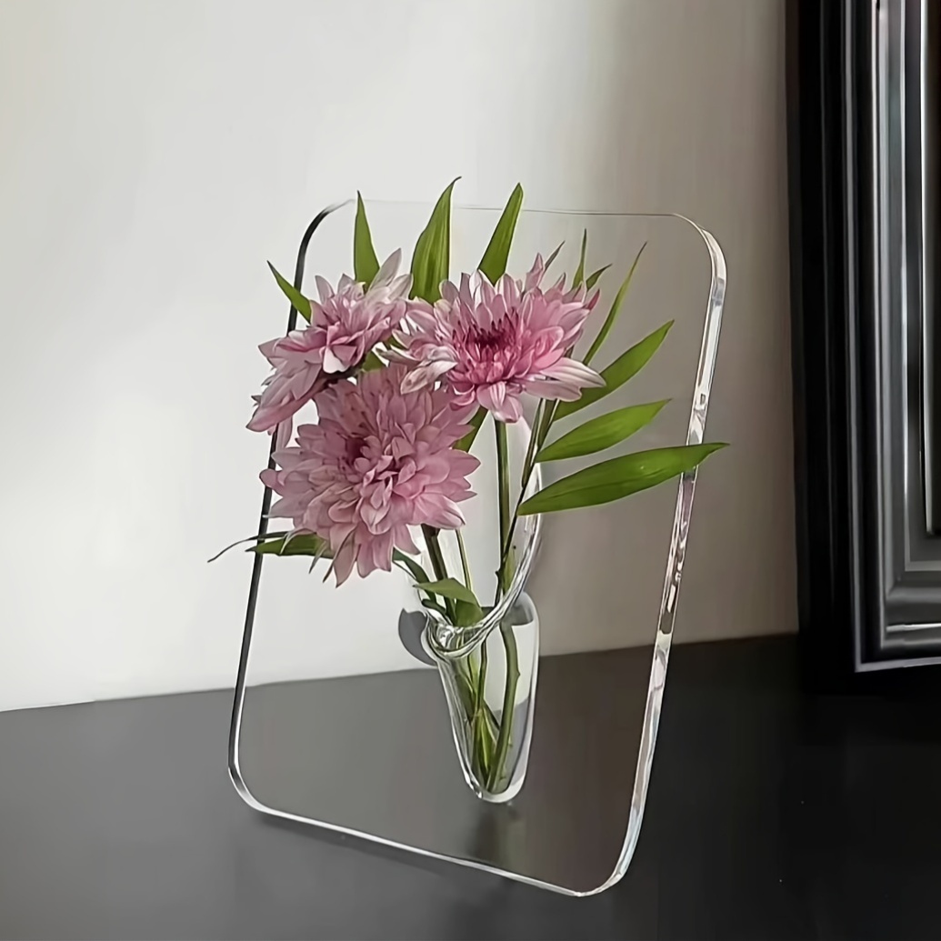 art deco style acrylic resin bud vase geometric transparent oblong flower vase creative picture frame design decorative home office desktop accessory small gift 1 piece flowers not included