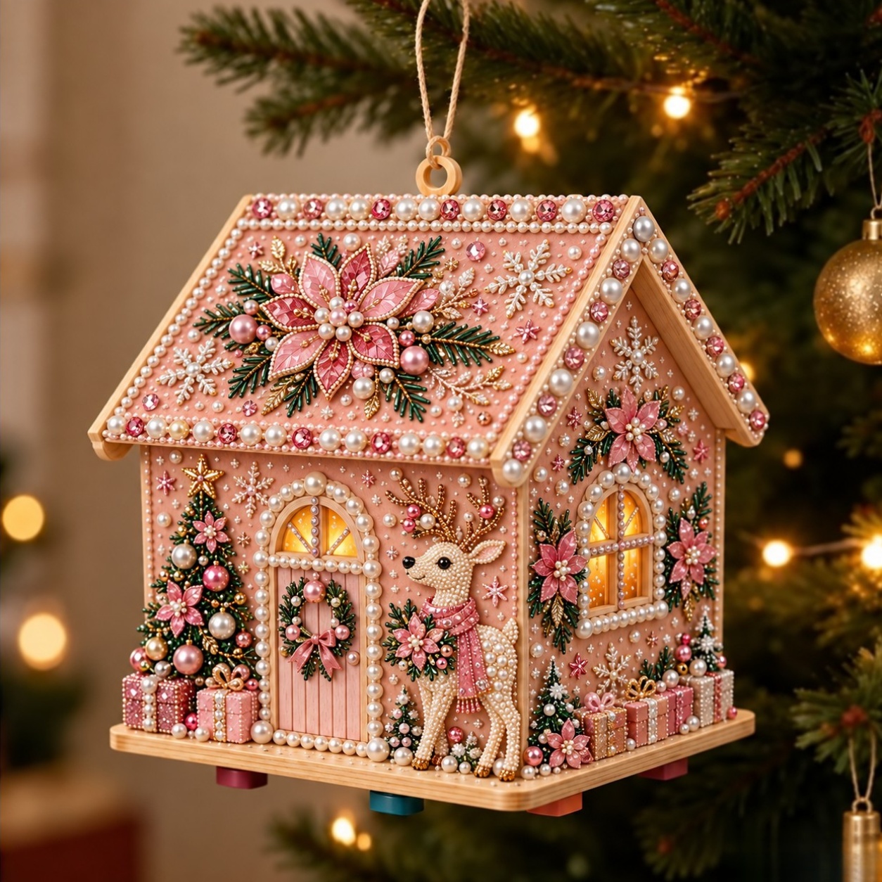 TEMU Brand New! Christmas. Pink Wood Material. Christmas Cottage. Pearl And Set, Round, Diamond-encrusted Wooden Cottage, Decorations For A Christmas