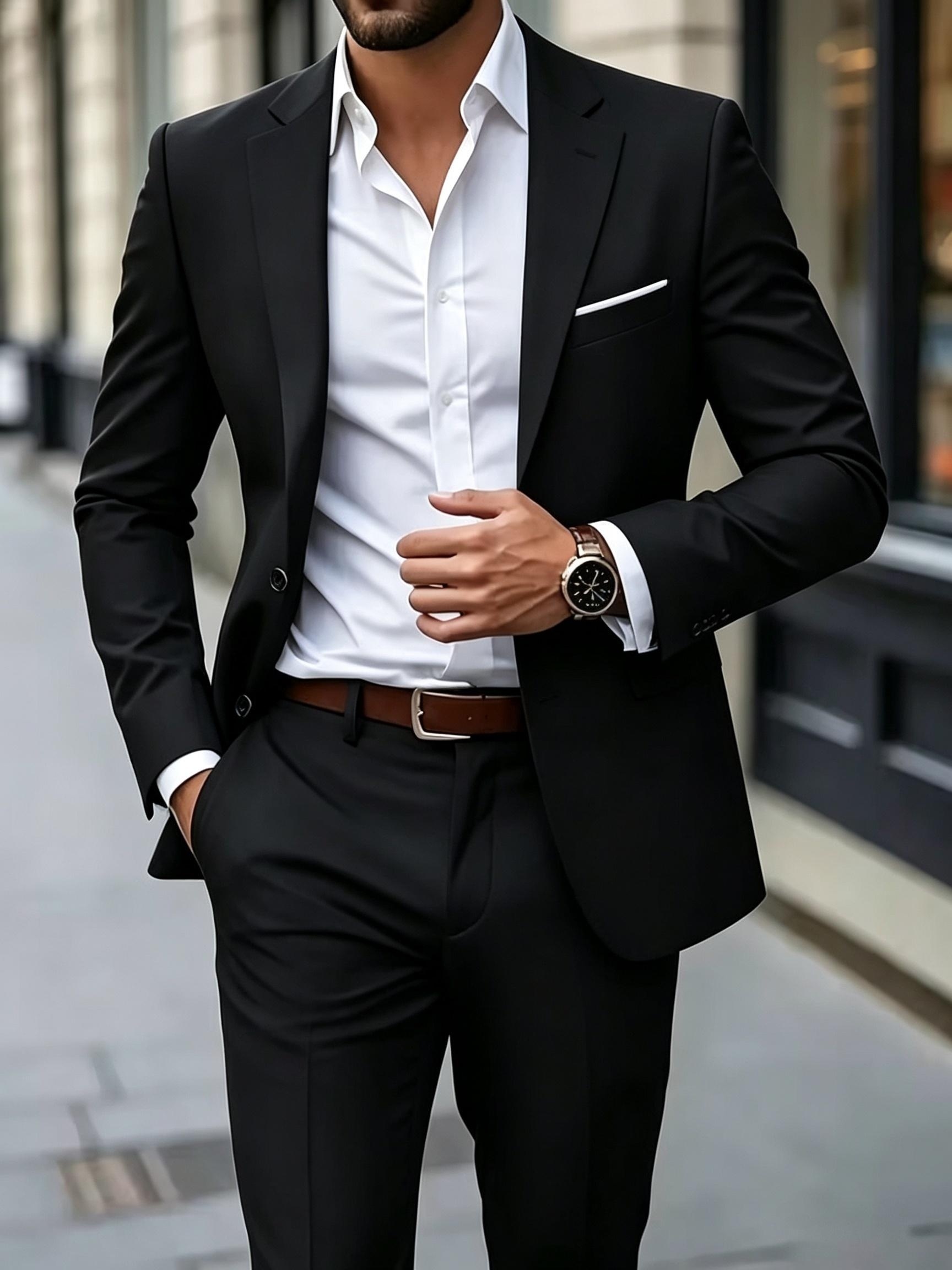 poza articolului set 2 piese costum formal bărbătesc, jachetă și pantaloni, costum casual bărbătesc, jachetă  -fit și pantaloni cu detalii de buzunare. potrivit pentru birou, nunți, petreceri, locații high-end și întâlniri.