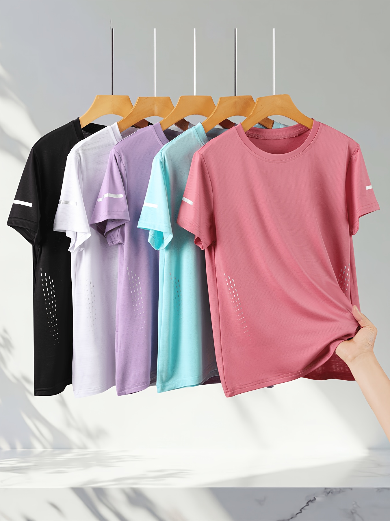 5pcs Summer Women'S Casual Athletic T-Shirt Set, Breathable And Sweat-Absorbing, Multi-Color Solid Combination, Suitable