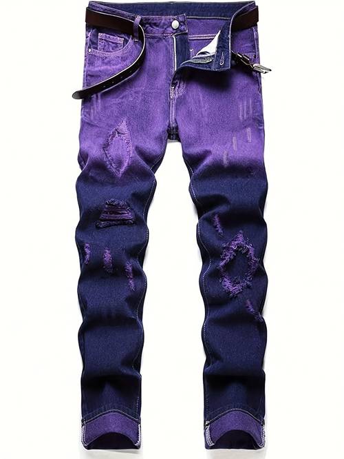 stijlvolle cyber paarse ripped straight-leg jeans voor heren