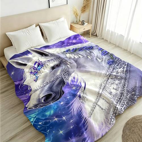 item picture 1pc white horse aesthetic art printed bed cover soft and plush fabric used as bed cover sofa blanket or shawl suitable for self use and gifting ideal for lovers of aesthetics holiday gift
