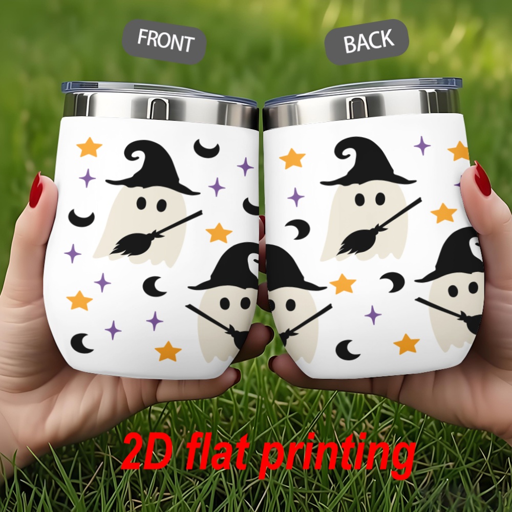 アイテム画像 【1個】12oz エッグカップ、  魔女帽 ブローム 星 月柄、アウトドア 携帯用 キャンプ ウォーターカップ、2dパターンデザイン、再利用可能、手洗い可能、大人向けのハロウィンギフトに最適