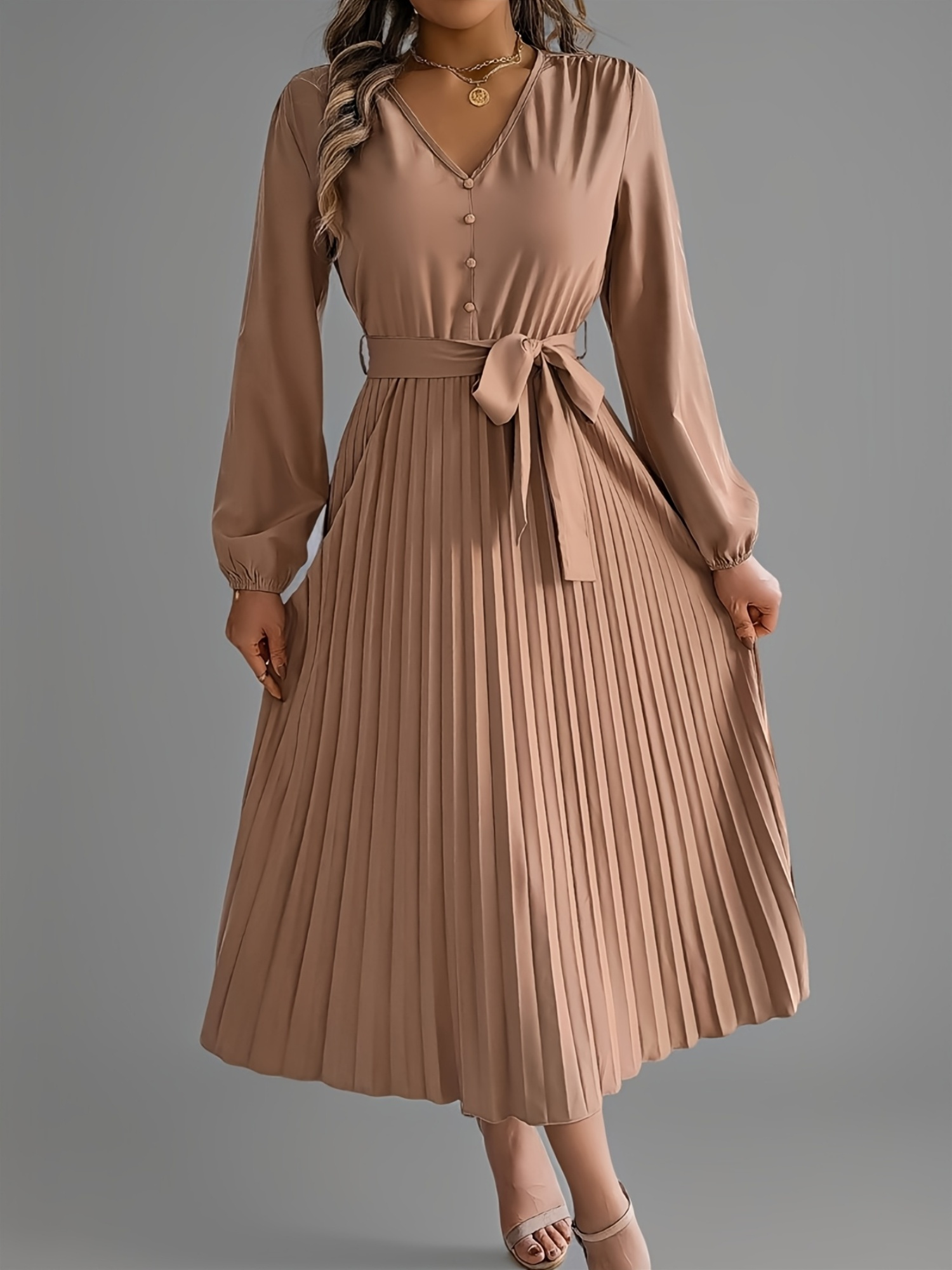 lantern sleeve pleated hem a-line dress, elegant solid color v neck high waist  dress for fall, women's clothing - women's clothing - Temu