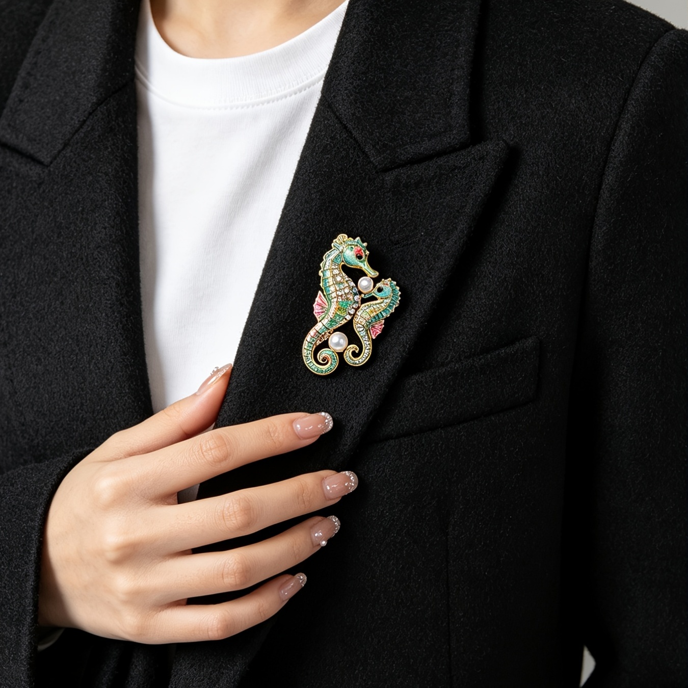 Rhinestone Seahorse Enamel Brooch, Embracing Design