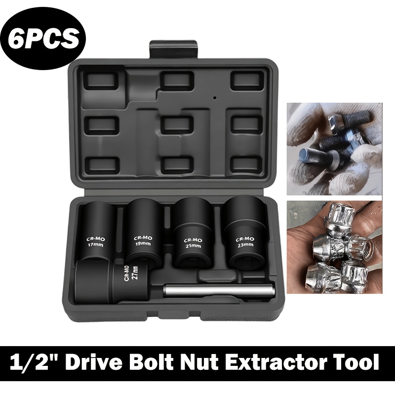 TEMU 6pcs Twist Socket Set - 1/2 Inch Drive Damaged Nut Lock Remover Extractor - Rusted And Locking Nut Removal Tool Kit With 17mm 19mm 21mm 23mm 27mm Sockets And Center