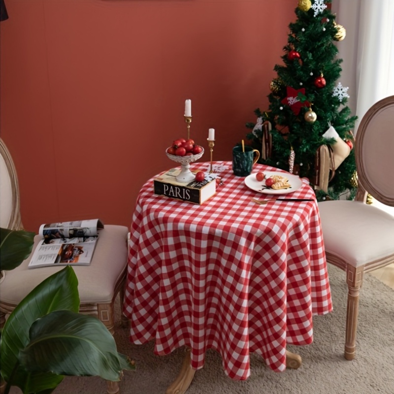 Round Red and White Checkered Tablecloth - Durable Polyester Machine- Fabric, Classic Christmas Holiday Table Cover for Parties, Weddings, Birthdays, Kitchen & Living Room Decor, Easy-Clean Indoor/Outdoor Use, Fits Standard Tables, Christmas Table Decorations, Festive Table Setting,   Material, Party Tablecloth, Elegant Tablecloth, Machinemade Fabric, Decorative Tablecloth, Home  , Table Cloth For Dining, Table Decor