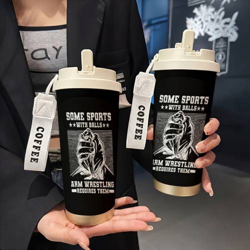 item picture 1pc 18oz stainless steel insulated travel mug with handstrap 2d flat printing with a straw high quality coffee cup with arm wrestling theme design theme design ideal for christmas halloween birthday parties office workouts