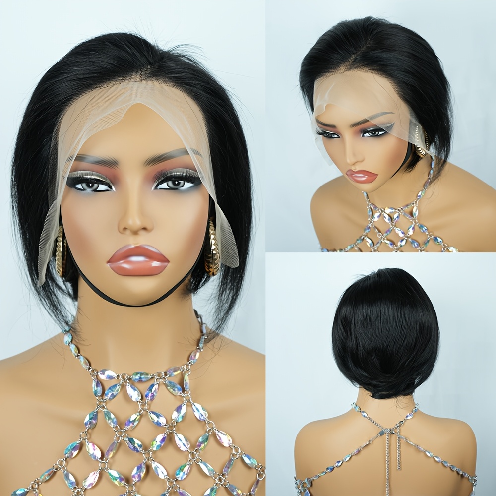 Image of 13x4 Lace T-part For Halloween Cut Wig Human Hair Short Cut Wig Brazilian Layered Hair 150% Density 6inch Wigs For Women Short Straight Layered Hair Wig For Halloween Christmas With Party