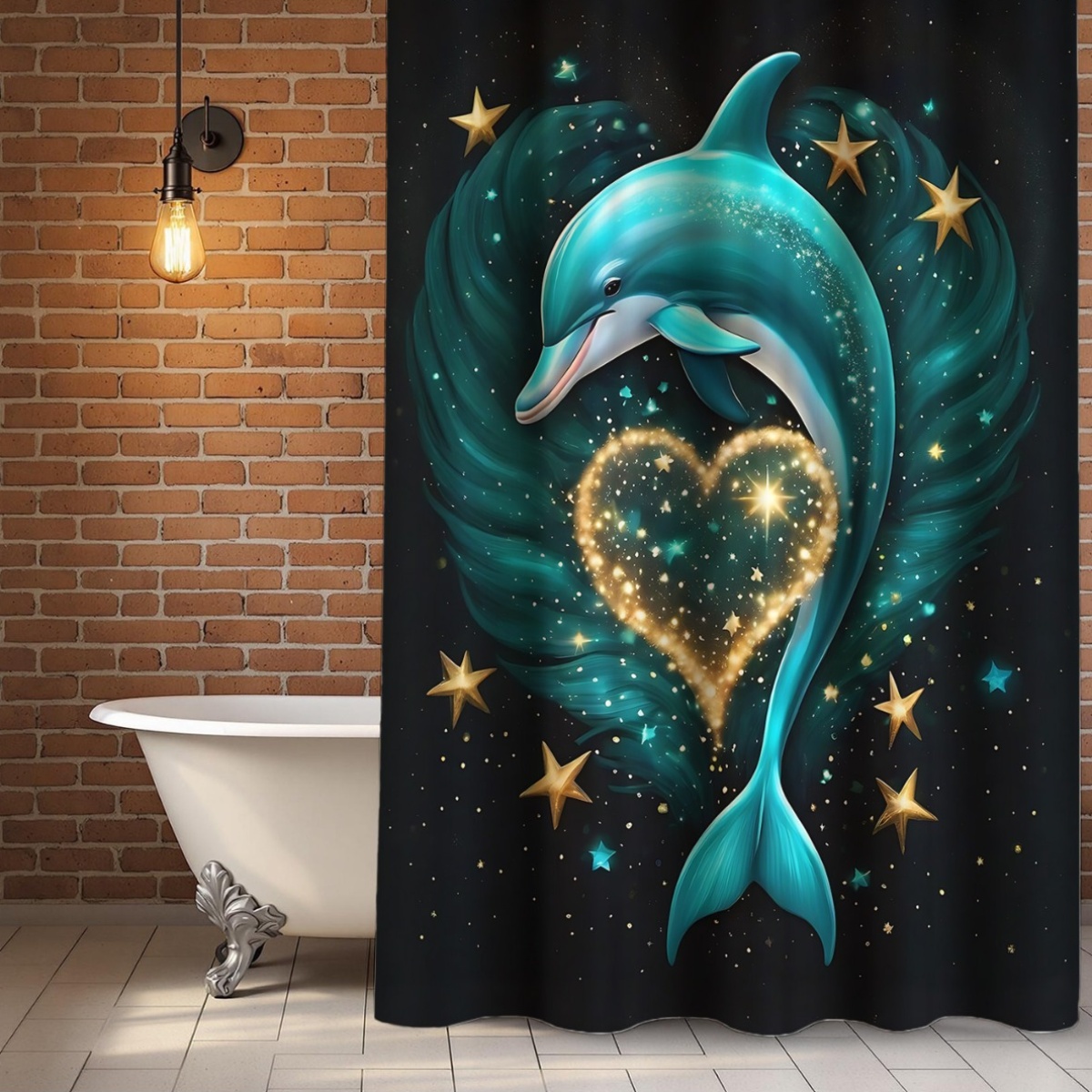 4pcs Dolphin Heart Pattern Shower Curtain Set with Hooks