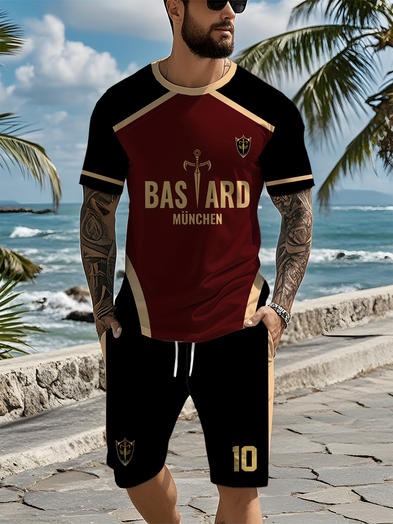 ensemble de maillot de football et de short imprimé 3d pour homme - col rond décontracté, tissu légèrement extensible, coupe régulière, idéal pour les sports de printemps/été/automne et les activités du   0