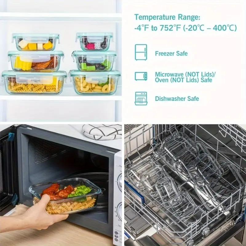 8pcs borosilicate glass food storage containers with leak proof lids microwave oven dishwasher safe bpa free stackable rectangular lunch boxes for rv camping food storage organizer microwave safe containers lid design bpafree material Product details 7