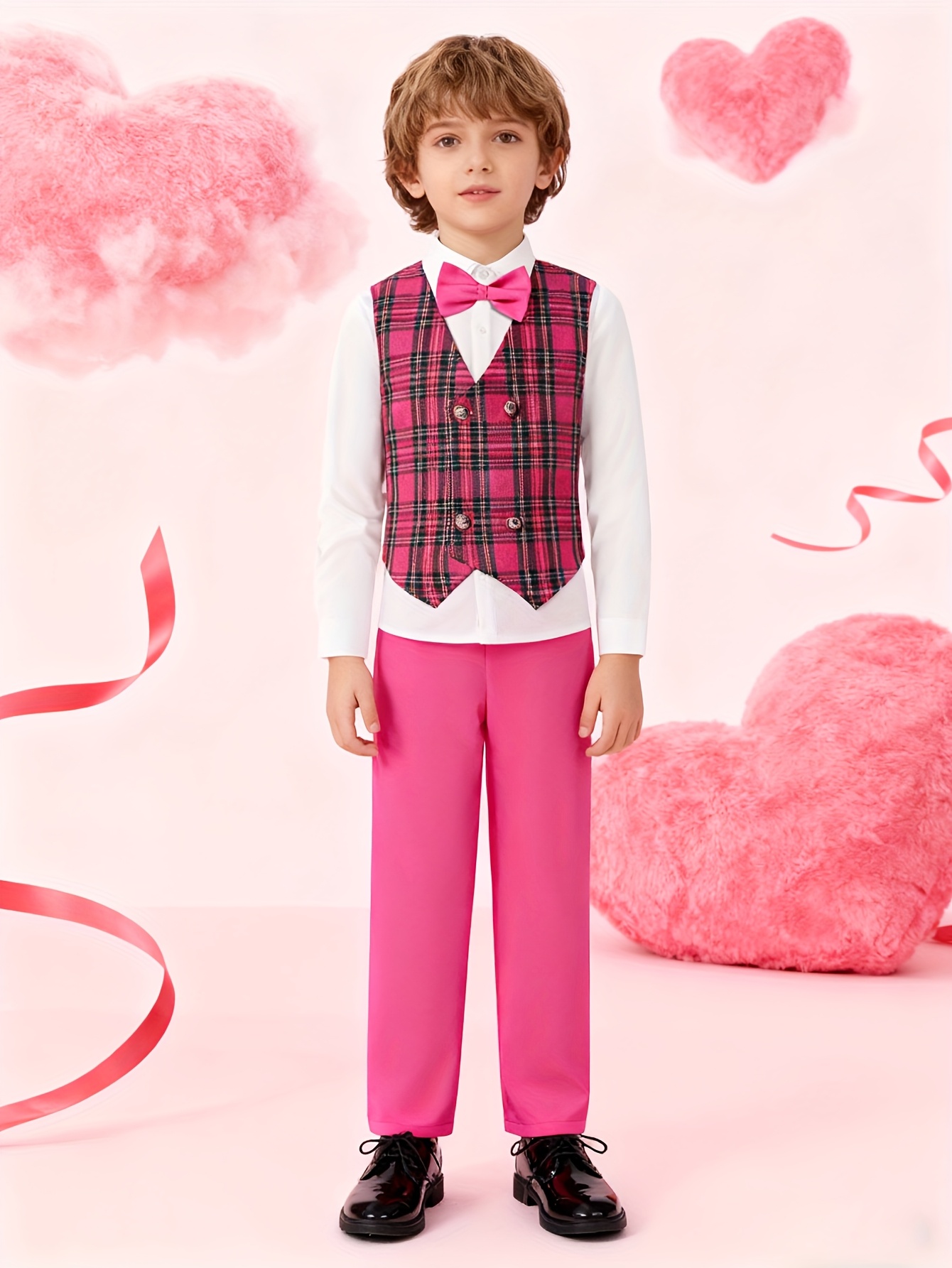 white dress shirt with pink bow tie Grey Pants White Shirt Pink Bow Tie Elegant Young Fashion Man Dressing Up  For Wedding Celebration