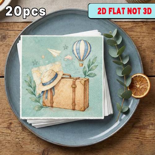 2d flat 20pcs napkins with suitcase and hat with hot air balloon suitable for parties outdoor western restaurants household kitchen use