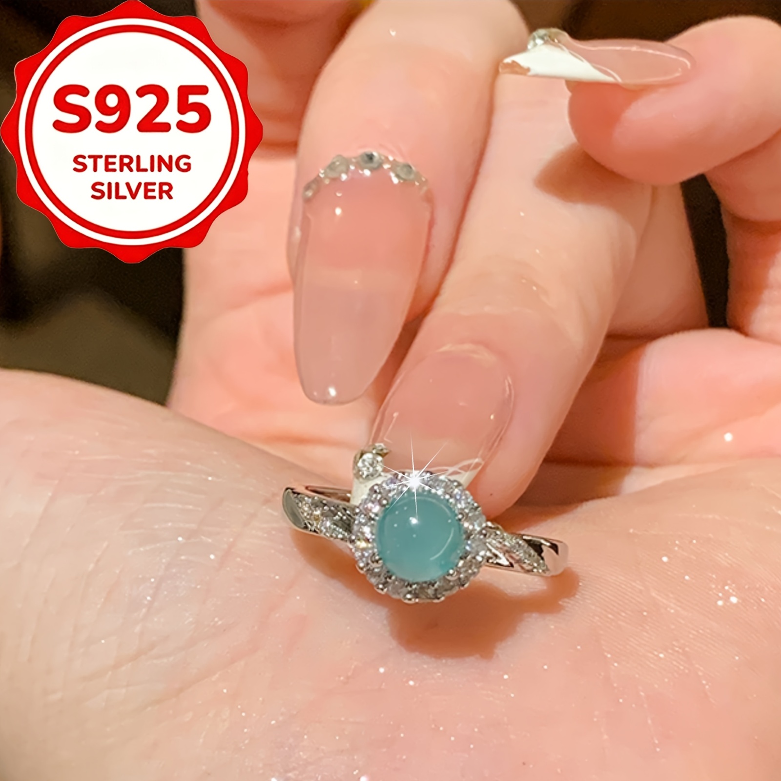 Women's S925 Silver Round Light Blue Zirconia Adjustable Ring