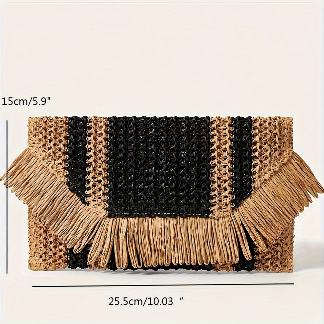 Image of Women's Fringed Straw Clutch Envelope Purse Summer Beach Bag Vacation Straw Handbag Gifts Cosmetic Pouch With Black Stripes