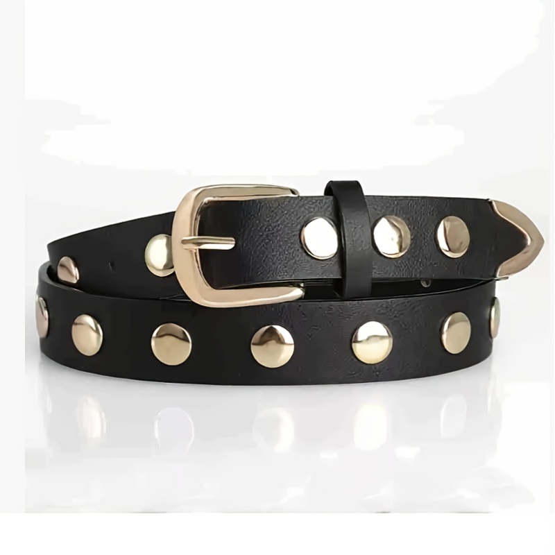 a womens black belt featuring golden metal studs a trendy - Temu