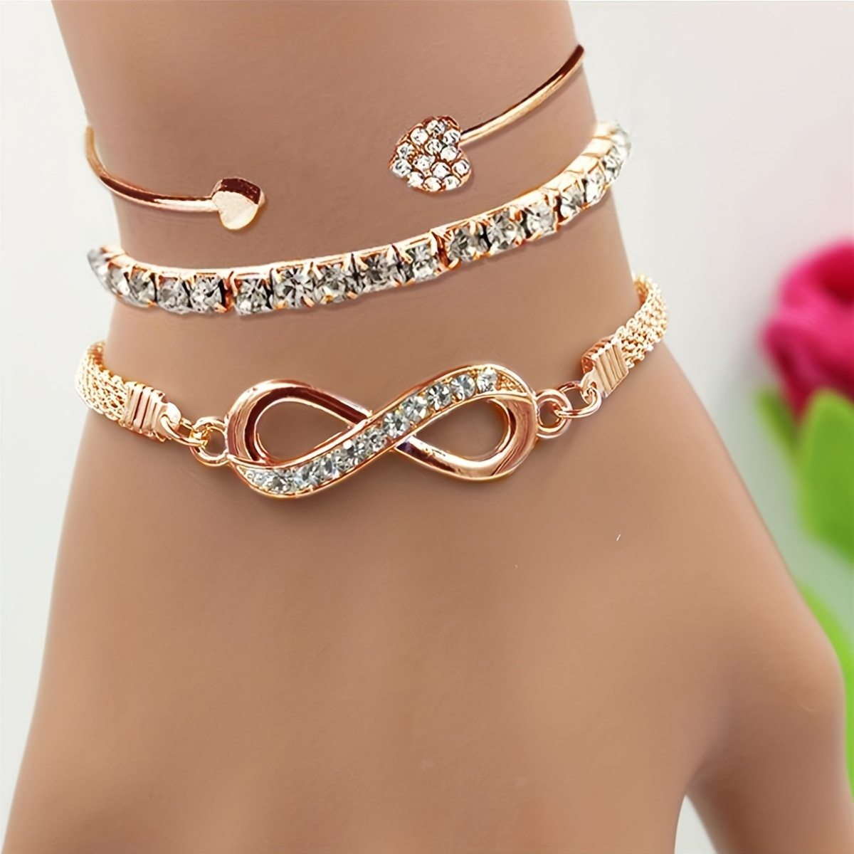 3 piezas Conjunto de pulseras de piedras brillantes elegantes, ajustables corazón e infinito símbolo de pulsera, mujer aleación de pulsera abierta, ocasión diaria y de regalo, colección de joyas de todas las estaciones