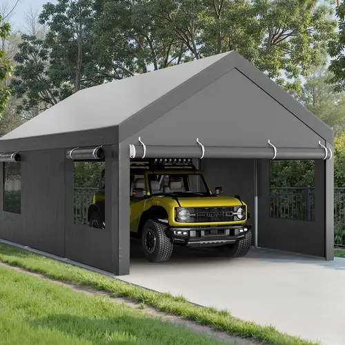 heavy duty portable carport with tarp roll up ventilated windows outdoor canopy durable removable doors for cars trucks boats car storage sturdy construction rv owners