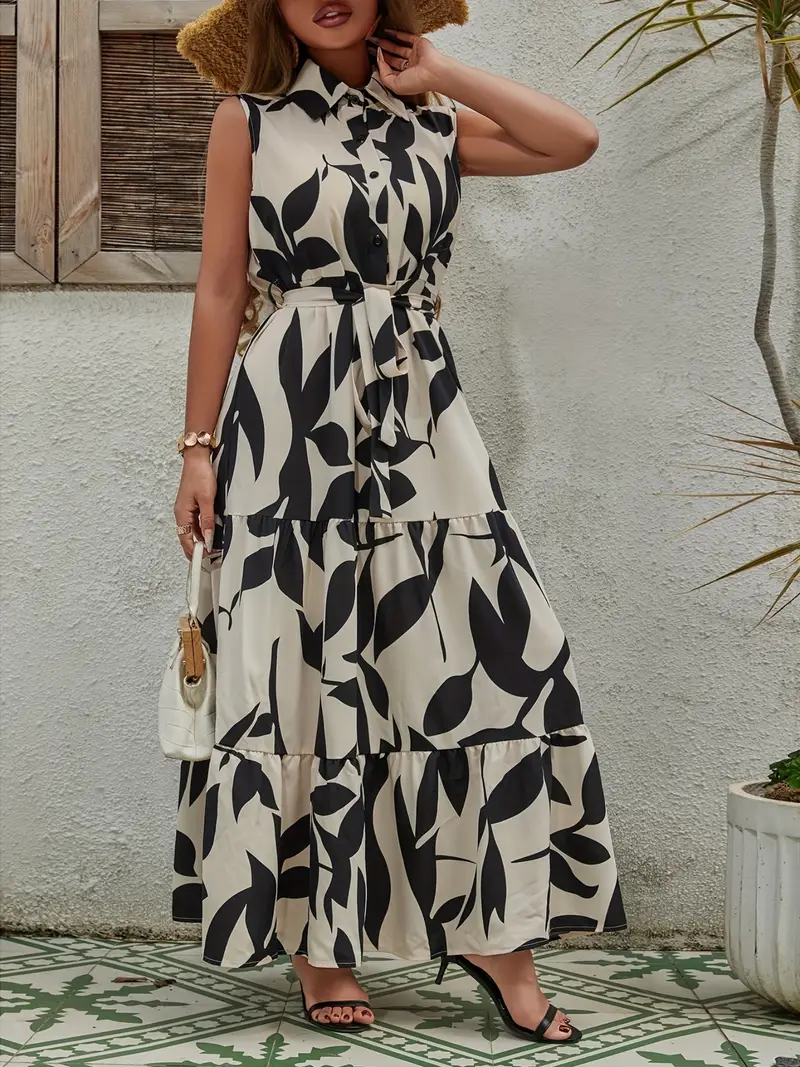 Floral Print Sleeveless Tent Dress for Women, Summer Polyester Ball Gown with Belt Detail, Regular Fit A-Line Long Floor-Length Dress with Lapel Collar Floral Print Sleeveless Tent Dress for Women, Summer Polyester Ball Gown with Belt Detail, Regular Fit A-Line Long Floor-Length Dress with Lapel Collar