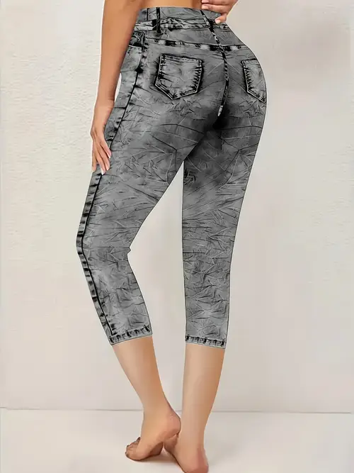 womens elegant denim print capri leggings high waisted stretchy non see through design for spring summer fall capri legging
