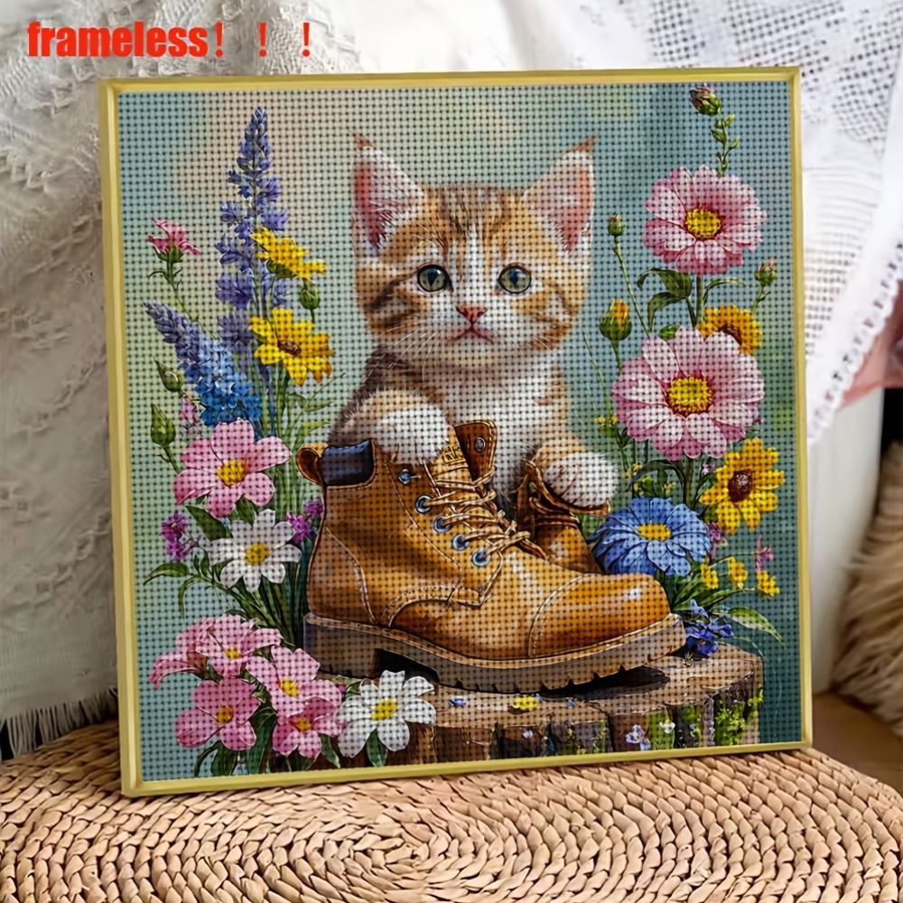 Stitch Print Set, Little Cat Sitting on Boots with Flowers