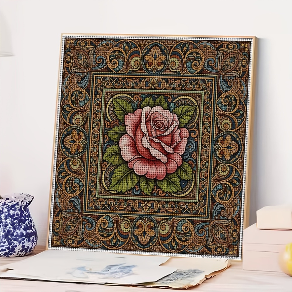 11CT Frameless Cross Stitch Kit, Rose with Patterned Border
