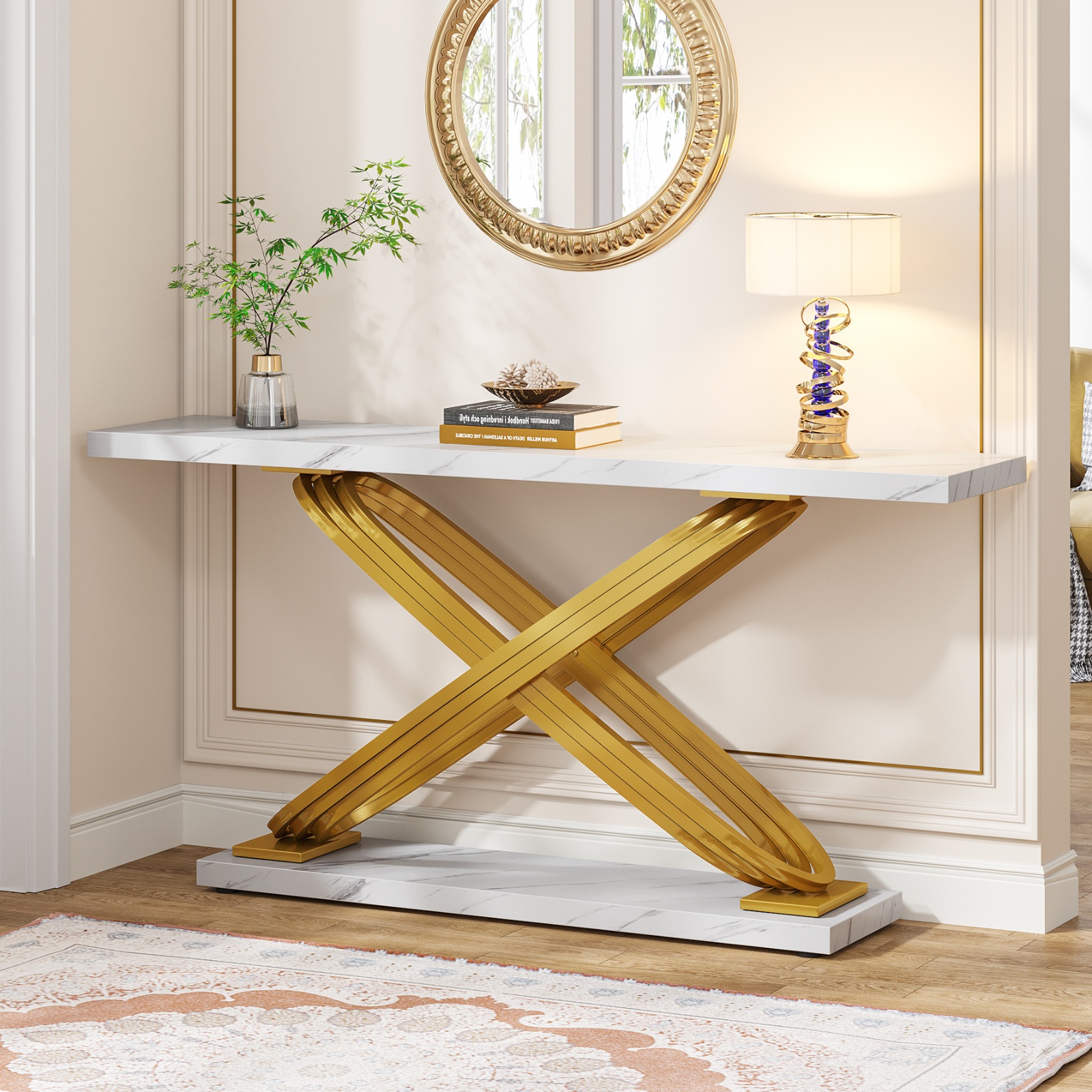 TEMU Mesa de Consola de 55 Pulgadas, Mesa de Entrada Dorada de Mármol Sintético Detrás del Sofá, Mesa Estrecha Rectangular para Sofá para ,