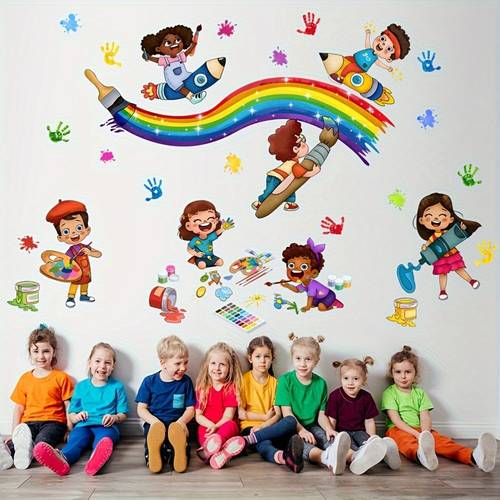 cartoon handprint rainbow wall sticker vibrant space themed design with planets stars and planets nursery preschool bedroom or playroom decor reusable pvc material nursery wall decor cartoon space theme durable wall sticker space room decor