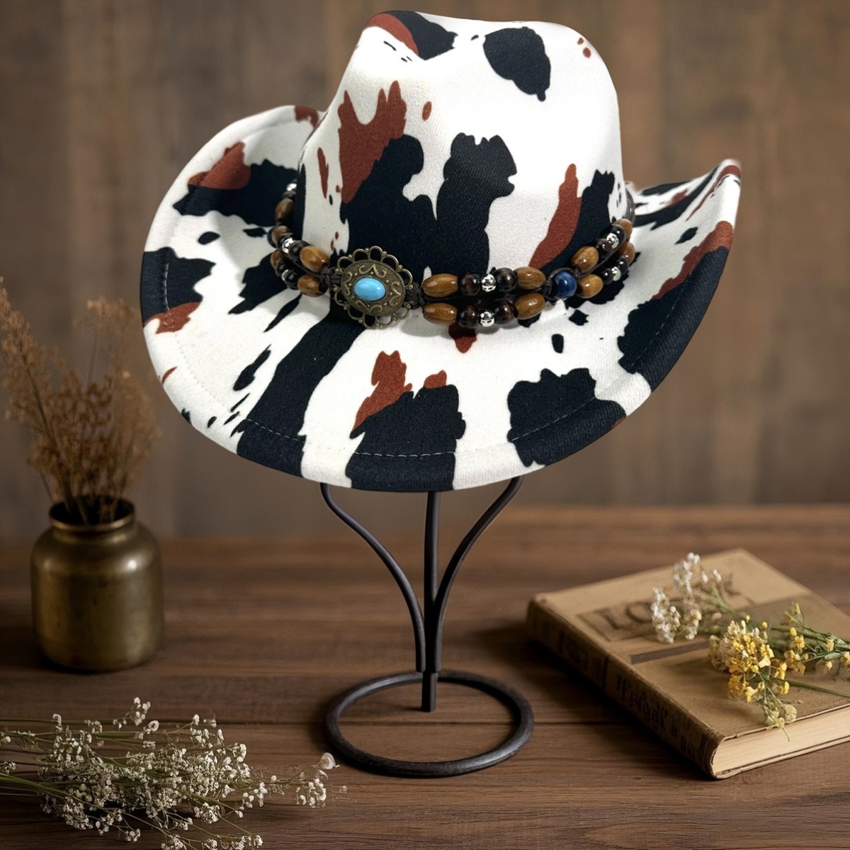 4454 Women\'s Western Cowboy Hat Vintage Cow Print Metal Bull Wide Brim Jazz Womens Western-Cowboy-Hats Classic Felt-Hats - Rodeo Wide  main image 3