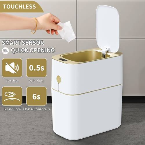 automatic lid touchless smart trash can 4 gallon privacy bin with motion sensor two opening using touch and infrared sensing versatile waste container stylish design for bathroom kitchen bedroom toilet