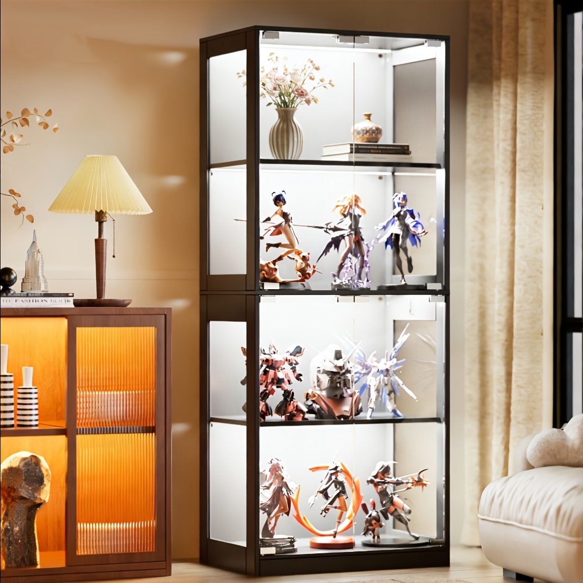Image of Black Glass Display Cabinet, Living Room Collectible Display Cabinet, Glass Display Cabinet With 4 Shelves, Dust-proof Collector Display Cabinet, Suitable For Living Room, Bedroom, Office, Study